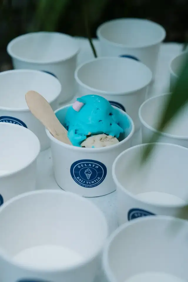 A cup of blue gelato with the Bali Turtle logo